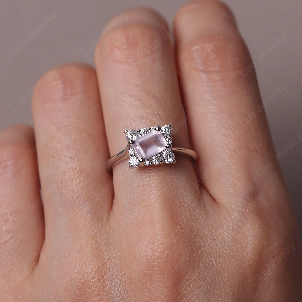 Emerald Cut Rose Quartz Halo Ring - Image 5