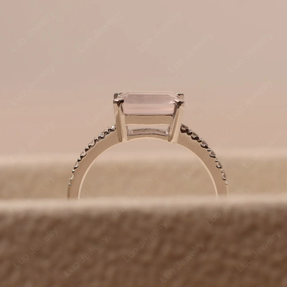 Emerald Cut Rose Quartz Horizontal Ring - Image 5