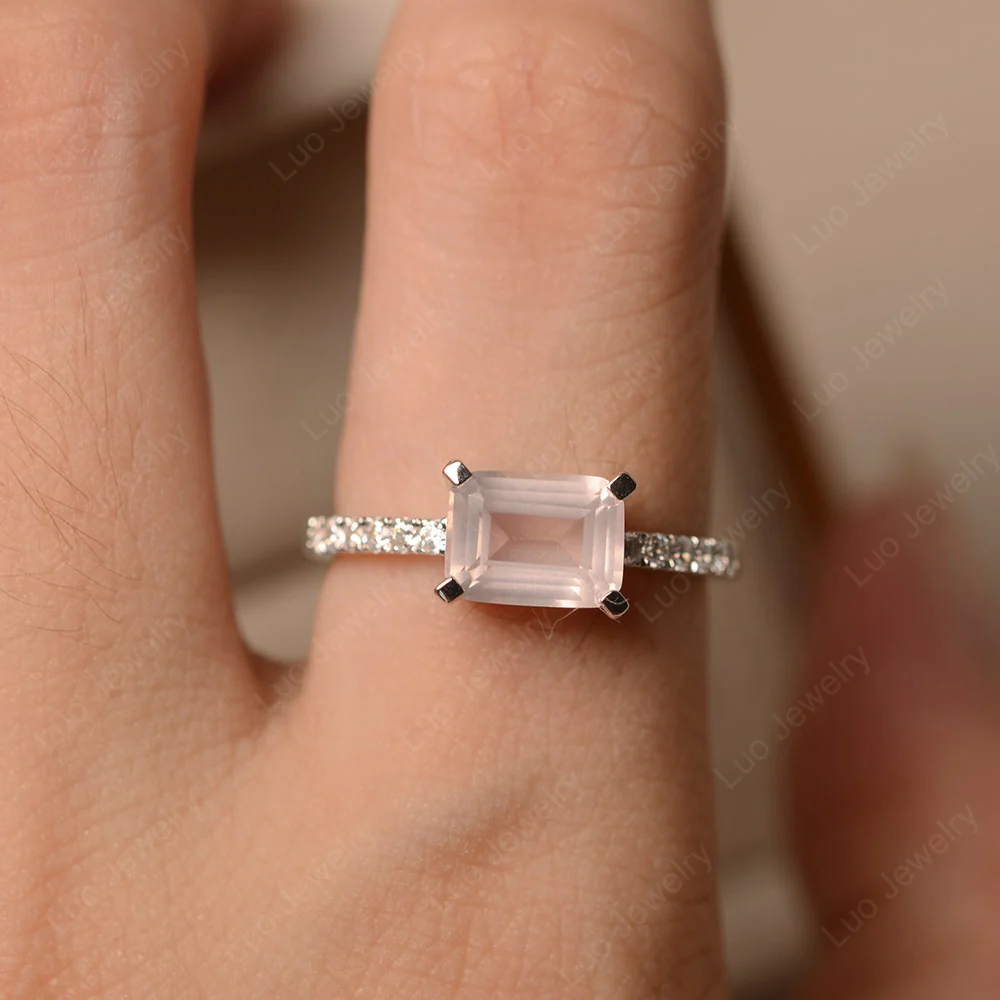 Emerald Cut Rose Quartz Horizontal Ring - Image 6