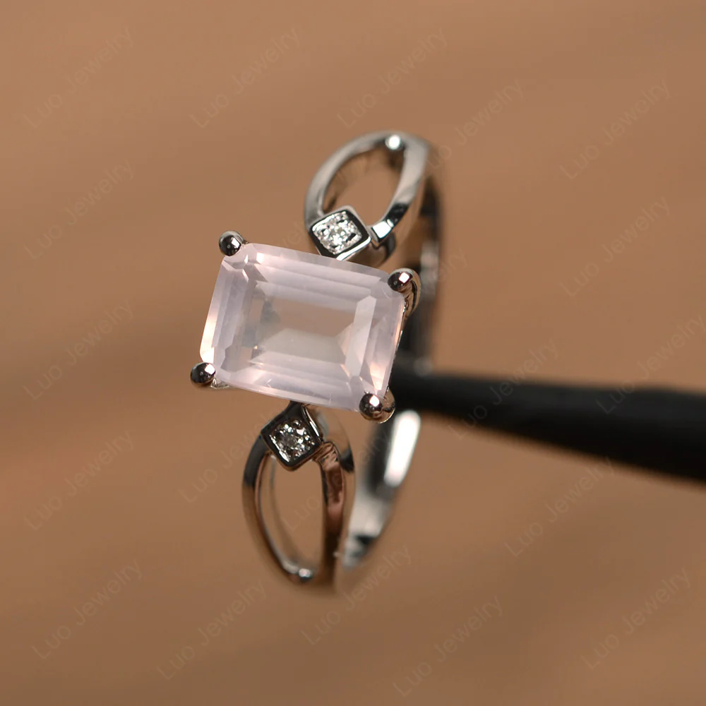 Emerald Cut Rose Quartz Ring Split Shank - Image 2