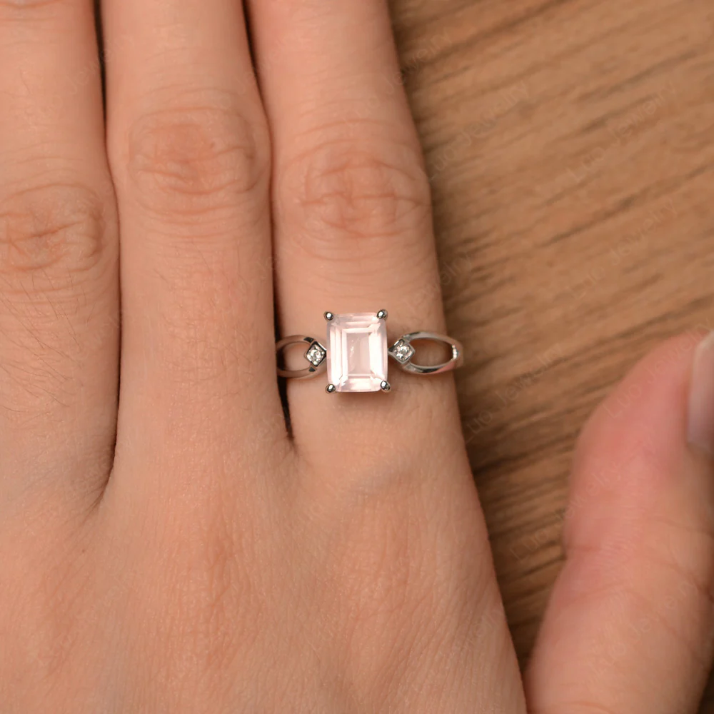 Emerald Cut Rose Quartz Ring Split Shank - Image 4