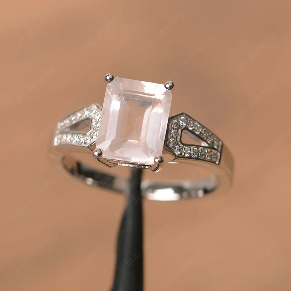 Emerald Cut Rose Quartz Split Shank Ring