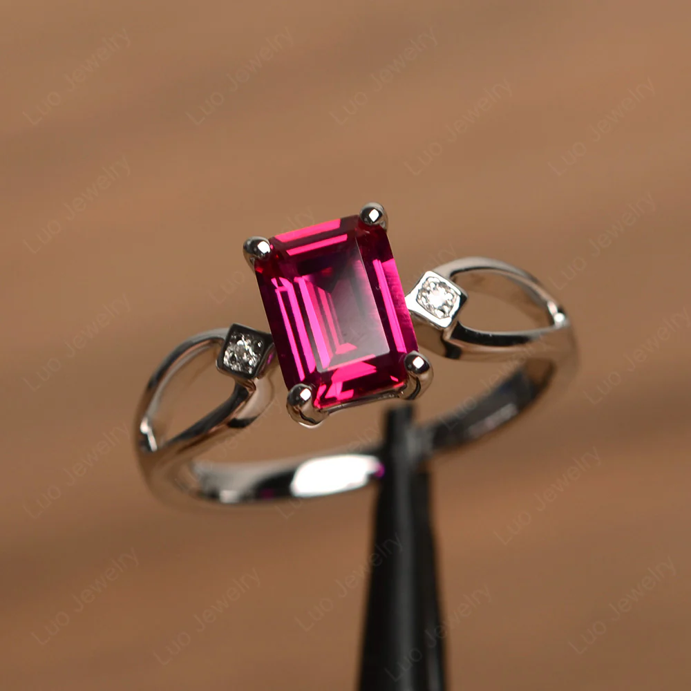 Emerald Cut Ruby Ring Split Shank