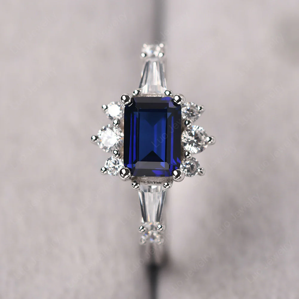 Sapphire Emerald Cut Sunburst Engagement Ring