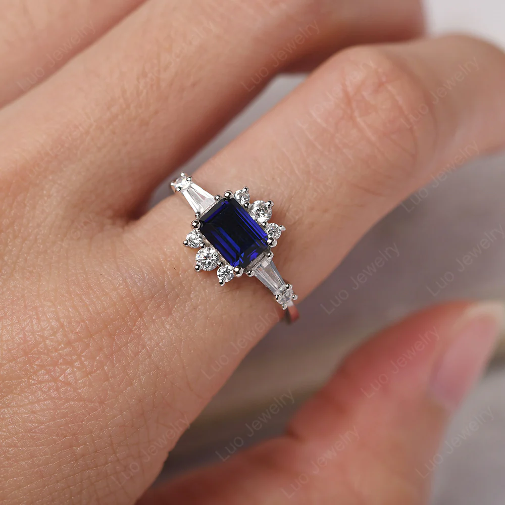 Sapphire Emerald Cut Sunburst Engagement Ring - Image 6