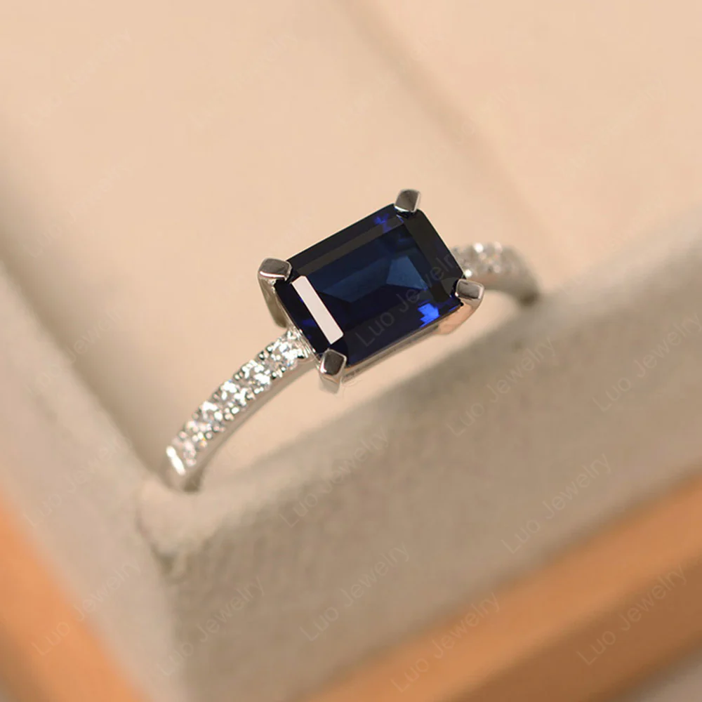 Emerald Cut Sapphire Horizontal Ring - Image 2