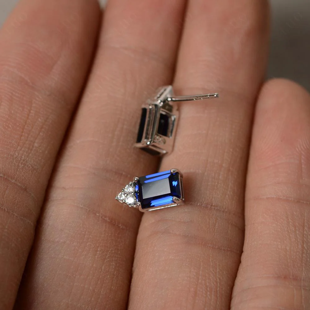 Emerald Cut Sapphire Stud Earrings - Image 3