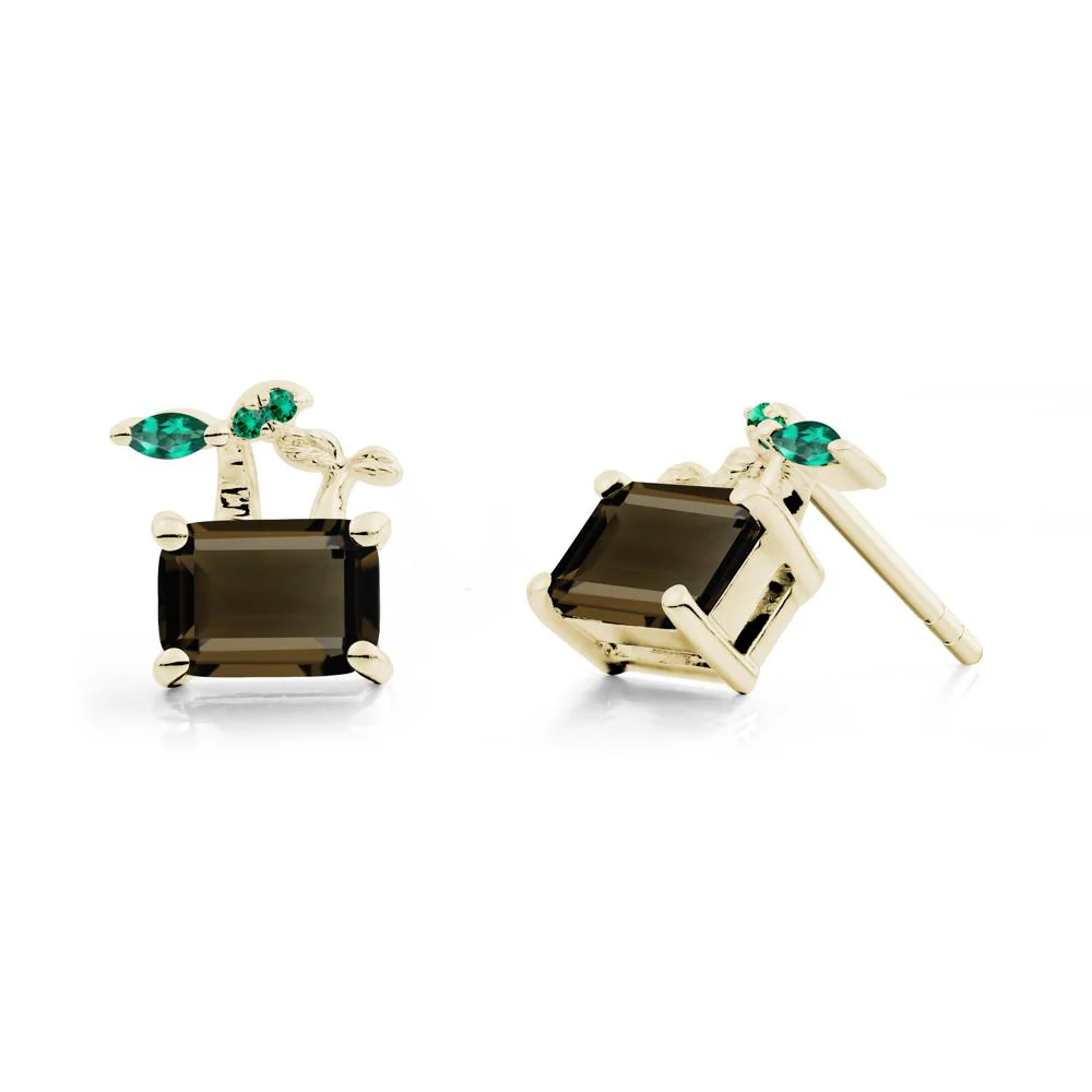 Emerald Cut Smoky Quartz and Emerald Sprout Earrings - Image 5