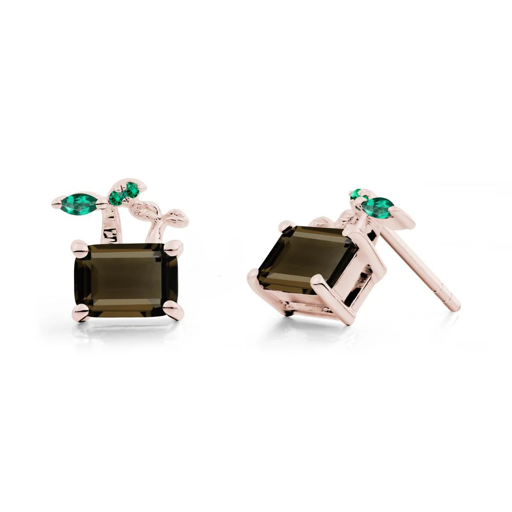 Emerald Cut Smoky Quartz and Emerald Sprout Earrings - Image 7
