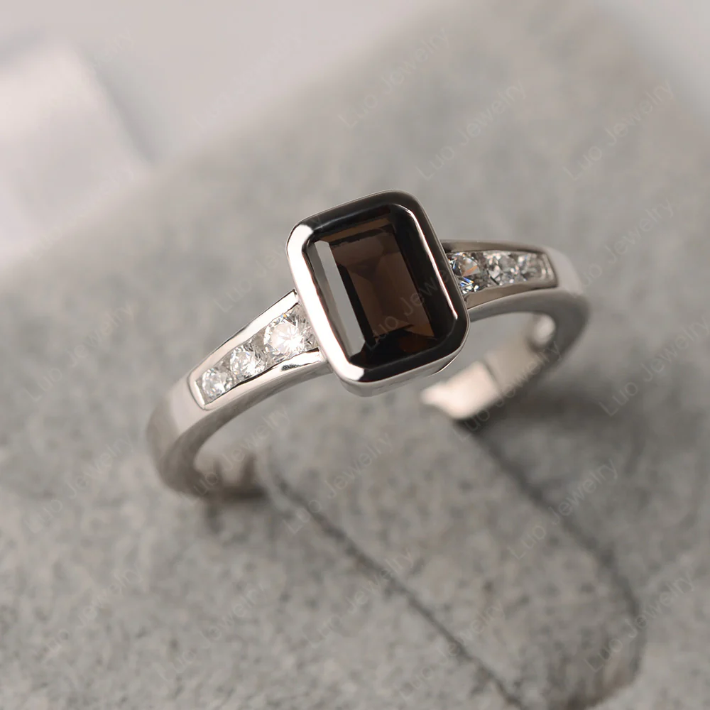 Emerald Cut Smoky Quartz Bezel Set Ring