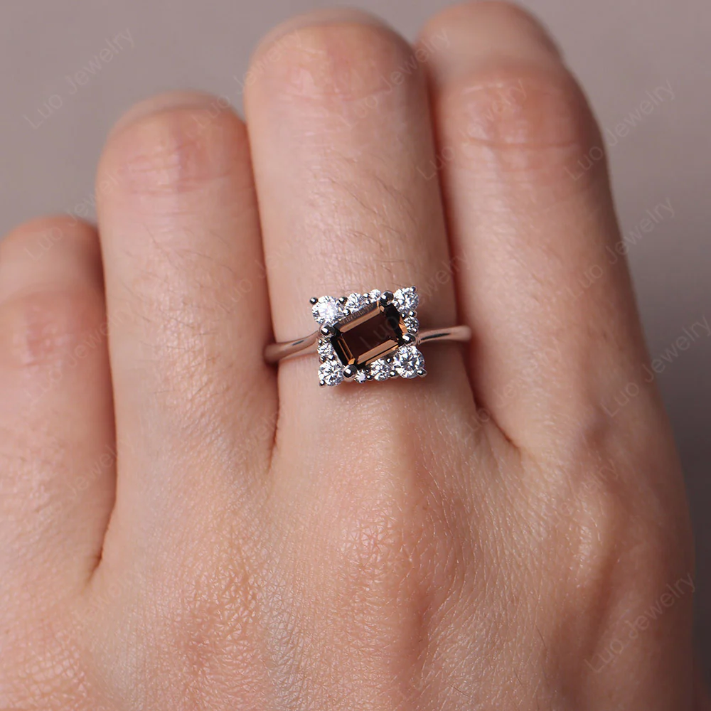 Emerald Cut Smoky Quartz Halo Ring - Image 5