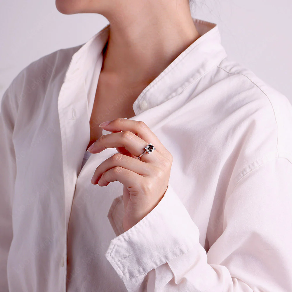 Emerald Cut Smoky Quartz Halo Ring - Image 6