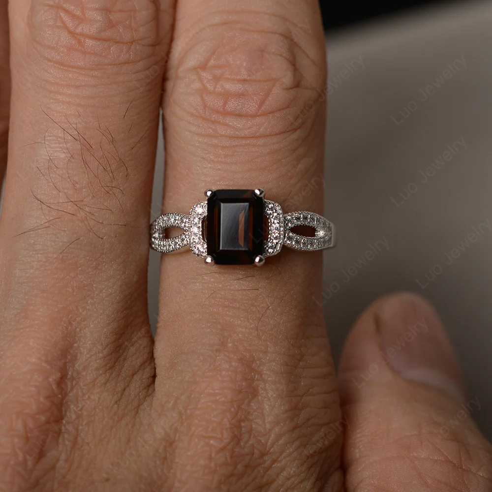 Emerald Cut Smoky Quartz Ring Art Deco - Image 3