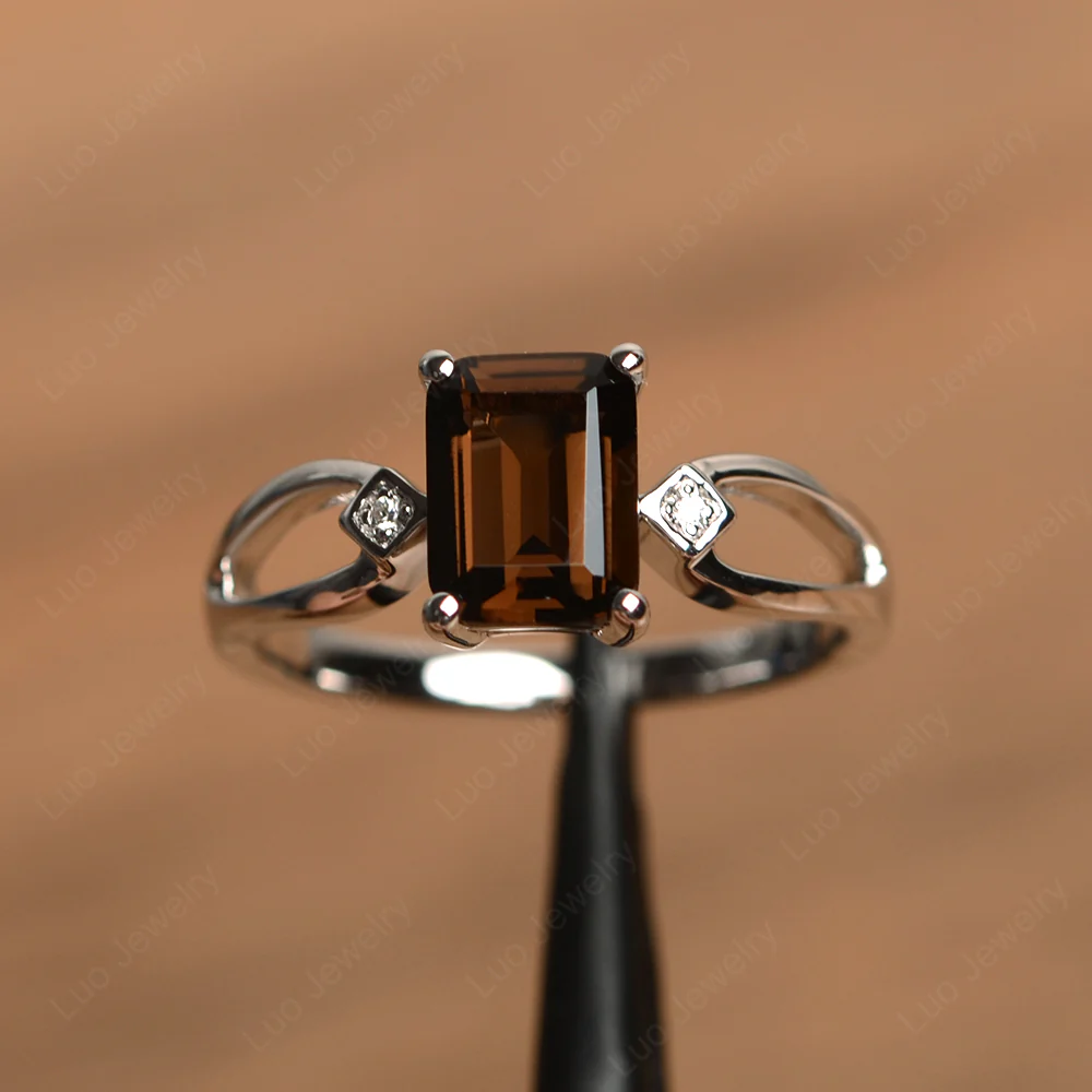 Emerald Cut Smoky Quartz Ring Split Shank