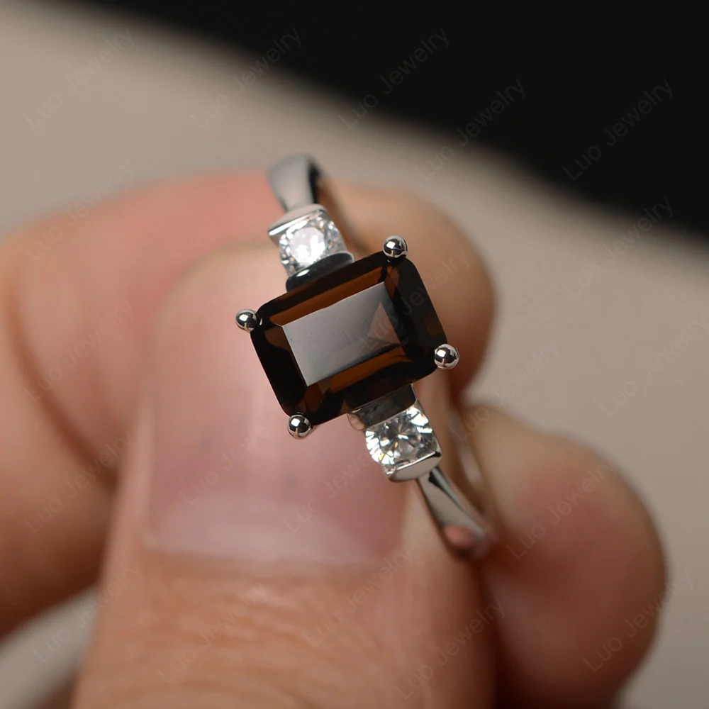 Emerald Cut Smoky Quartz Trilogy Ring