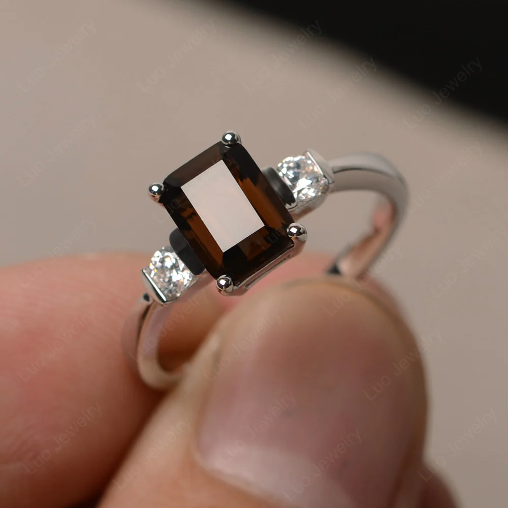 Emerald Cut Smoky Quartz Trilogy Ring - Image 2