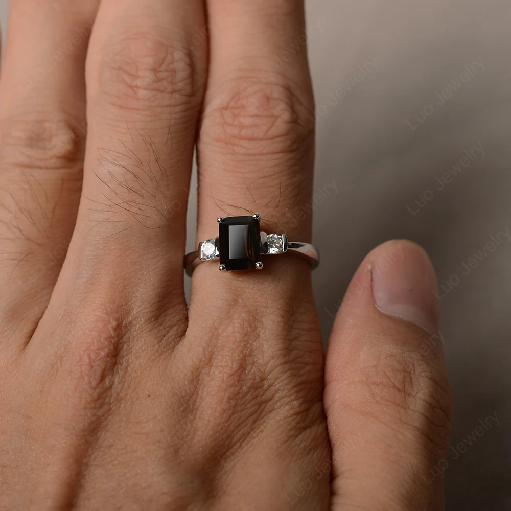 Emerald Cut Smoky Quartz Trilogy Ring - Image 4