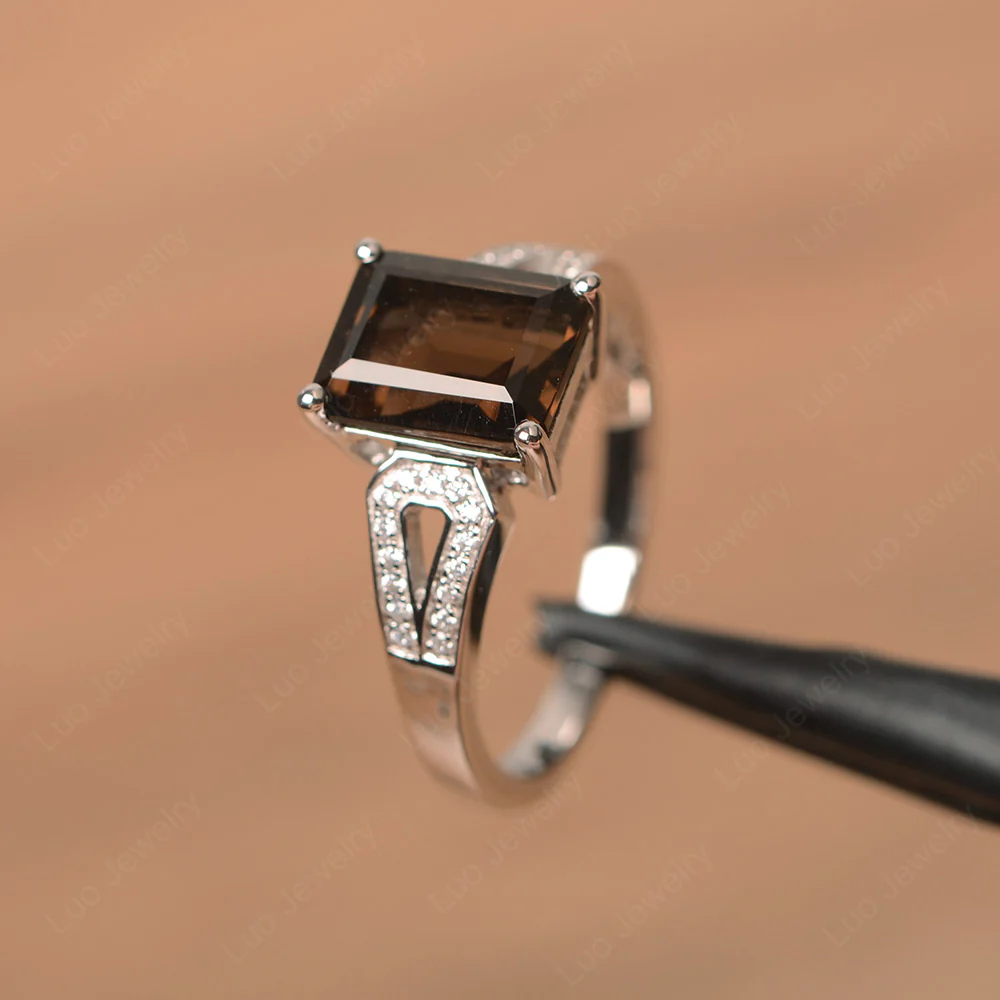 Emerald Cut Smoky Quartz Split Shank Ring - Image 2