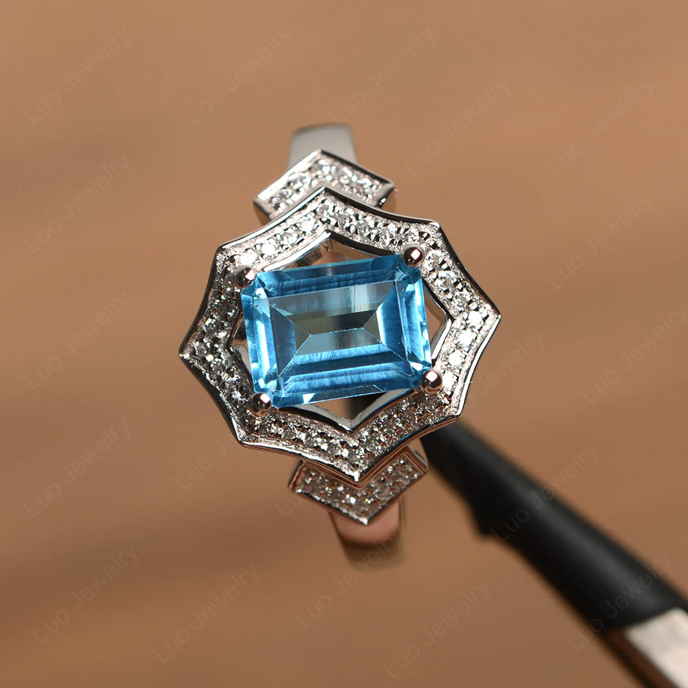 Emerald Cut Swiss Blue Topaz Cocktail Ring - Image 2