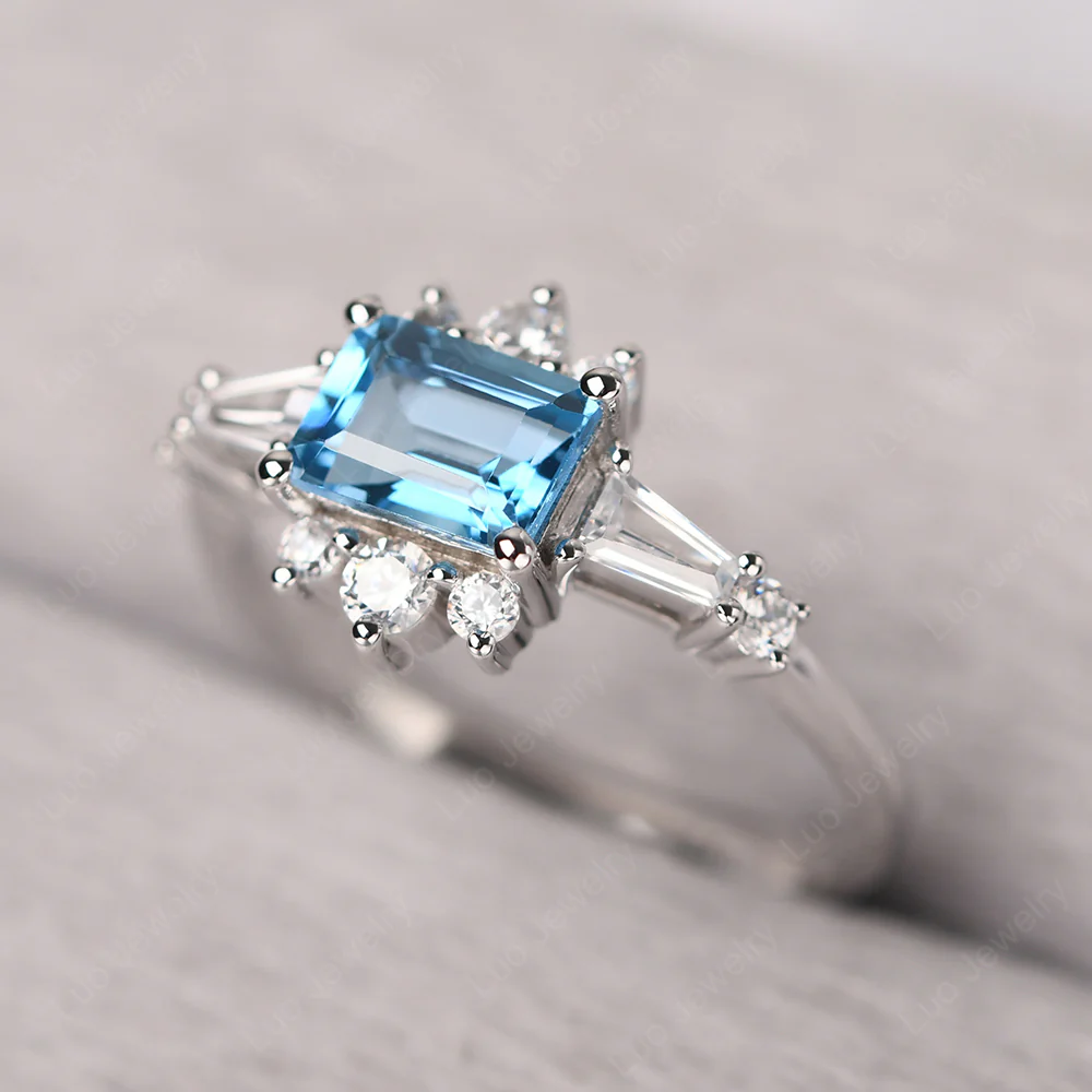 Swiss Blue Topaz Emerald Cut Sunburst Engagement Ring - Image 2