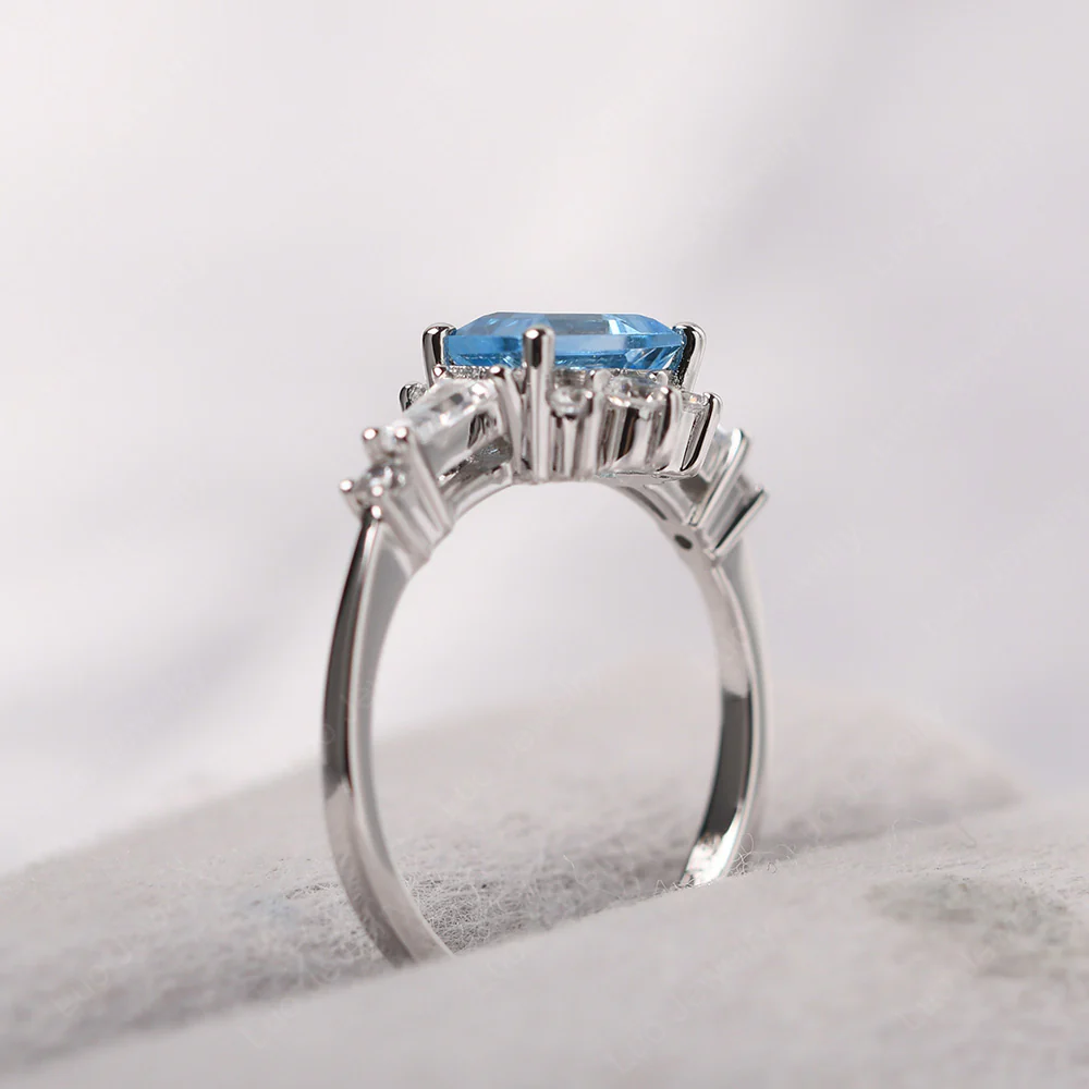 Swiss Blue Topaz Emerald Cut Sunburst Engagement Ring - Image 5