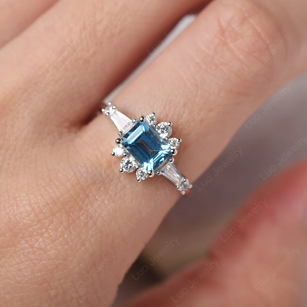 Swiss Blue Topaz Emerald Cut Sunburst Engagement Ring - Image 6