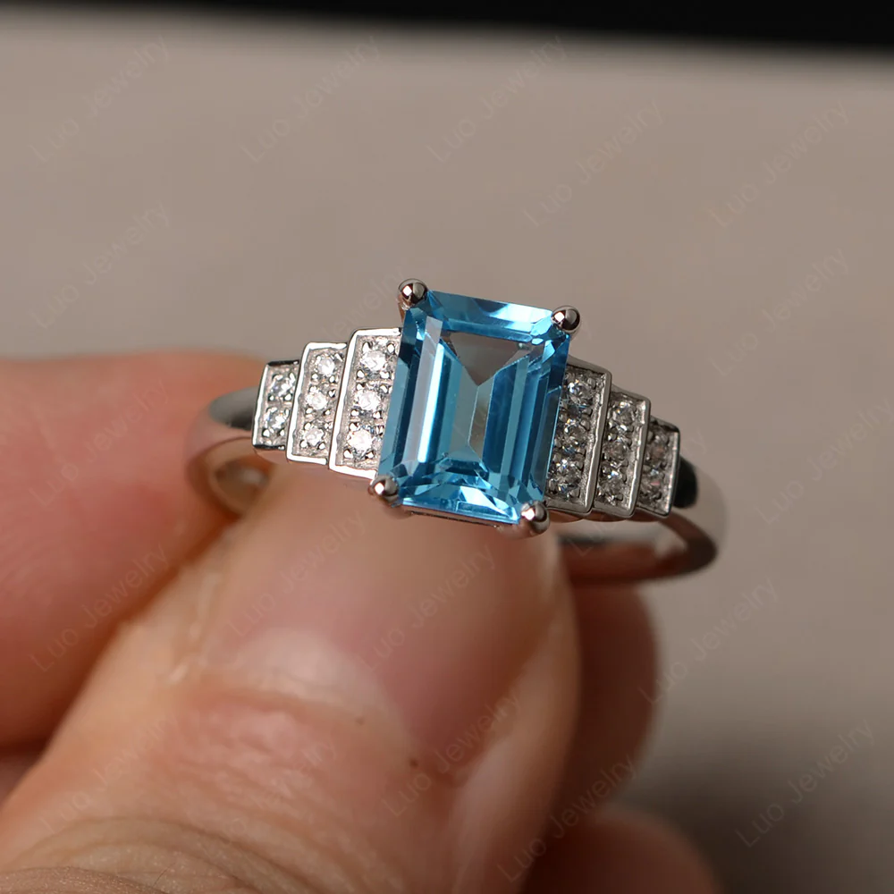 Classic Emerald Cut Swiss Blue Topaz Promise Ring