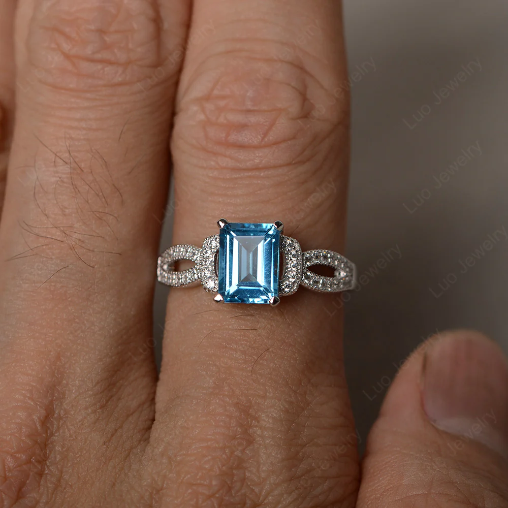 Emerald Cut Swiss Blue Topaz Ring Art Deco - Image 3