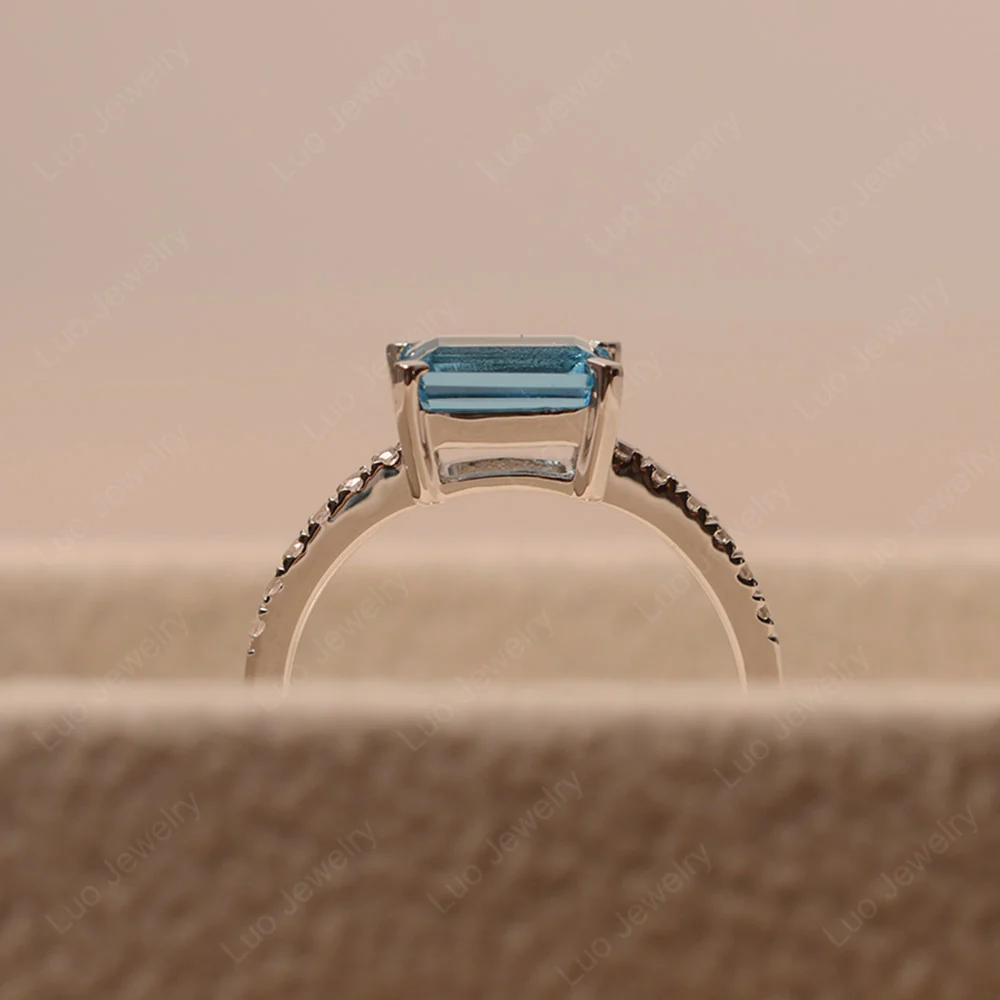 Emerald Cut Swiss Blue Topaz Horizontal Ring - Image 4