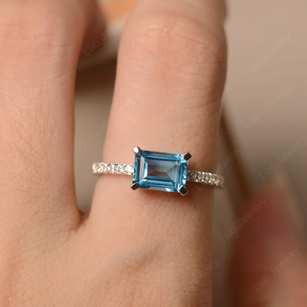 Emerald Cut Swiss Blue Topaz Horizontal Ring - Image 5