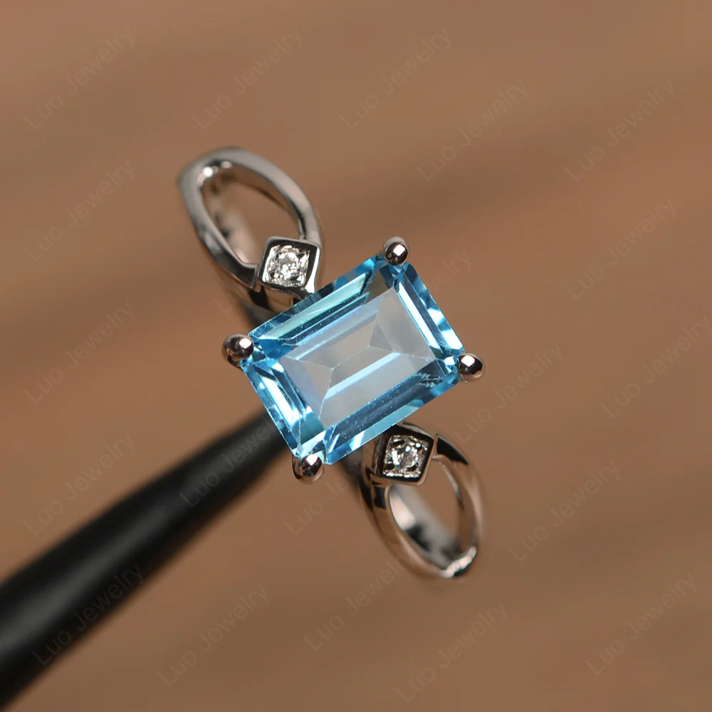 Emerald Cut Swiss Blue Topaz Ring Split Shank