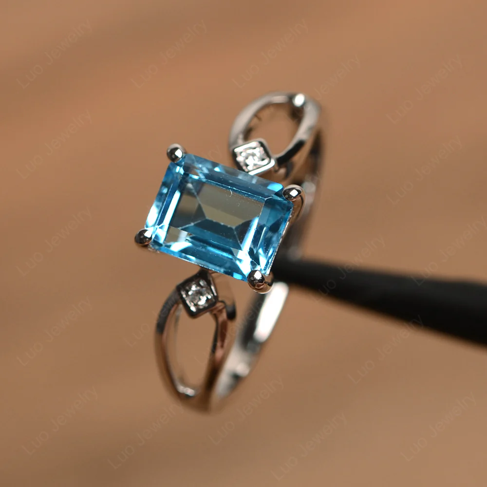 Emerald Cut Swiss Blue Topaz Ring Split Shank - Image 2