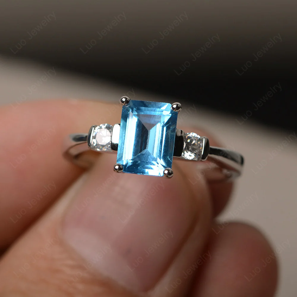 Emerald Cut Swiss Blue Topaz Trilogy Ring - Image 2