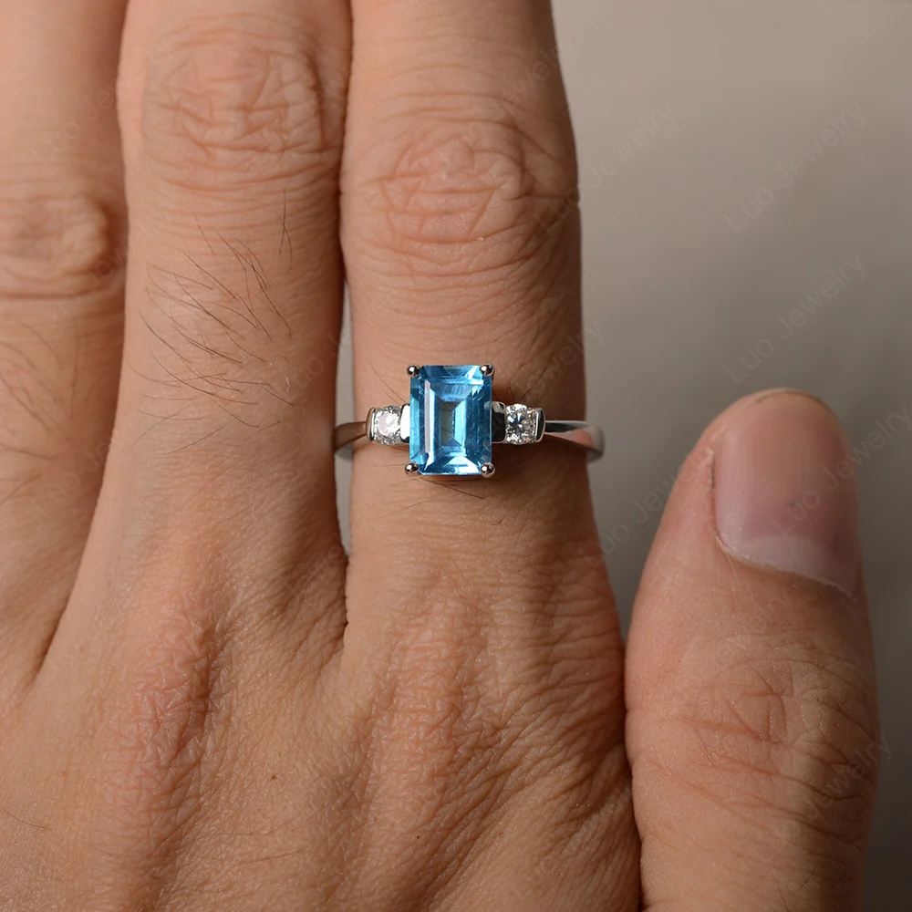 Emerald Cut Swiss Blue Topaz Trilogy Ring - Image 4