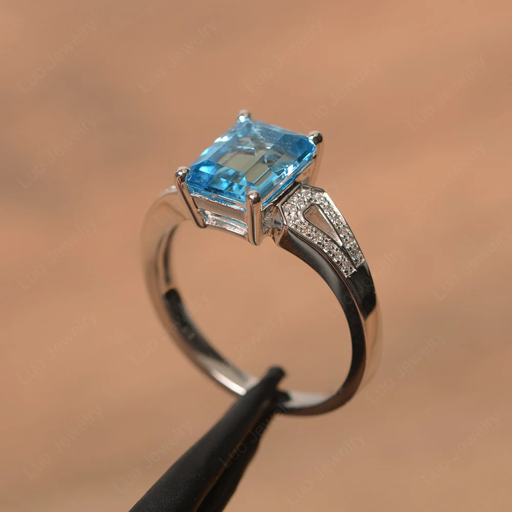 Emerald Cut Swiss Blue Topaz Split Shank Ring - Image 2