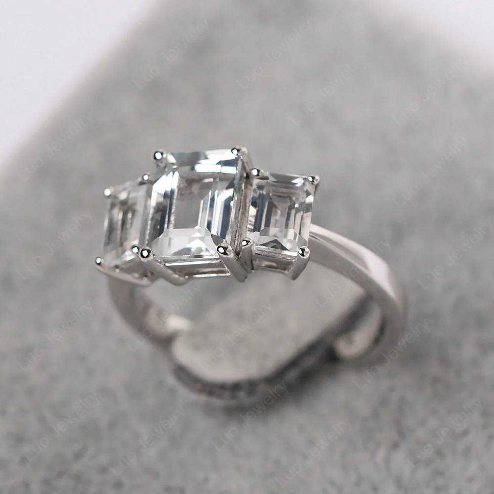 White Topaz Three Stone Emerald Cut Ring - Image 2