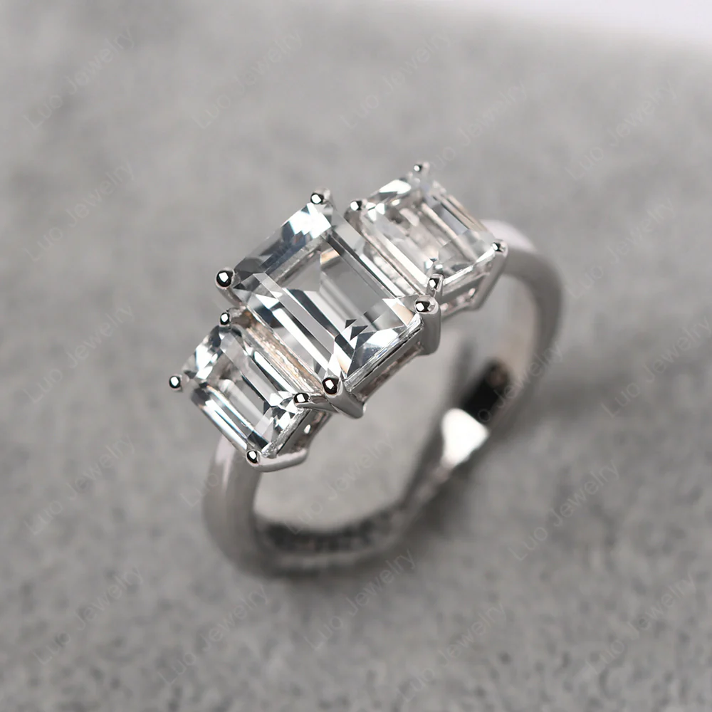 White Topaz Three Stone Emerald Cut Ring - Image 3