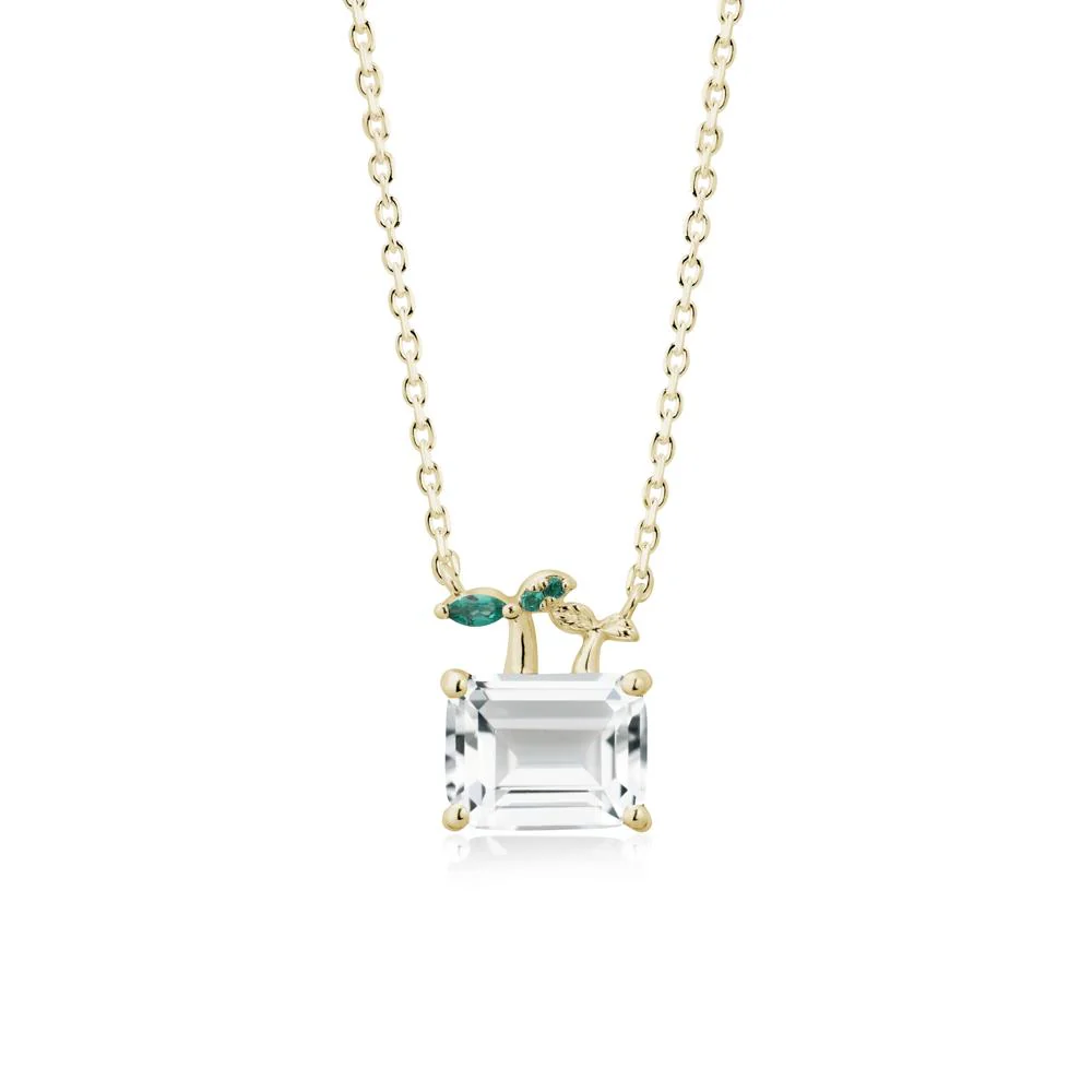 Emerald Cut White Topaz and Emerald Sprout Necklace