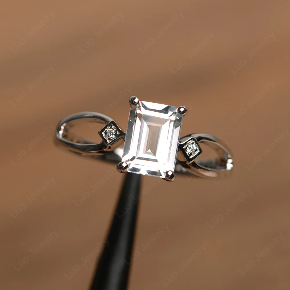Emerald Cut White Topaz Ring Split Shank