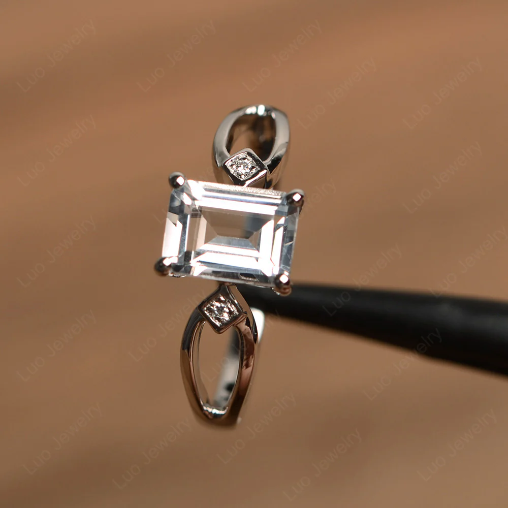 Emerald Cut White Topaz Ring Split Shank - Image 2