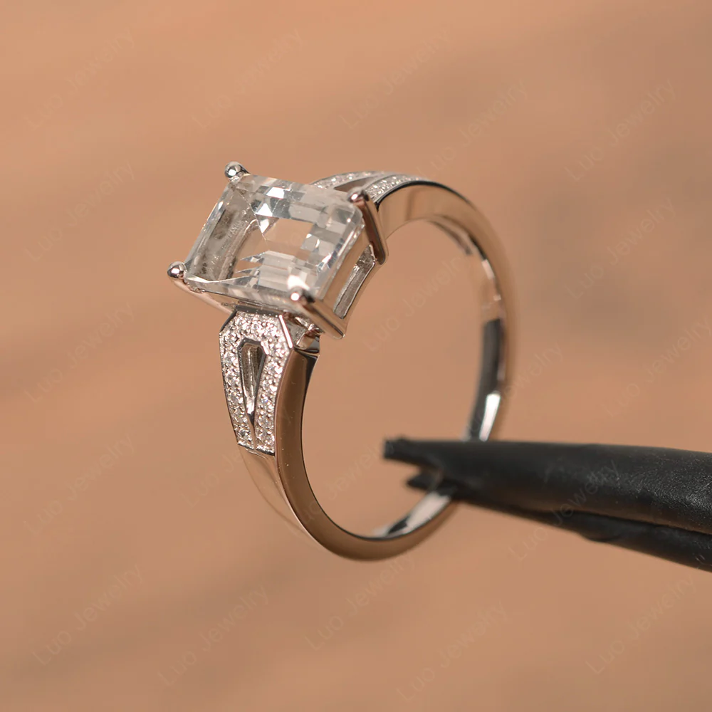 Emerald Cut White Topaz Split Shank Ring - Image 2