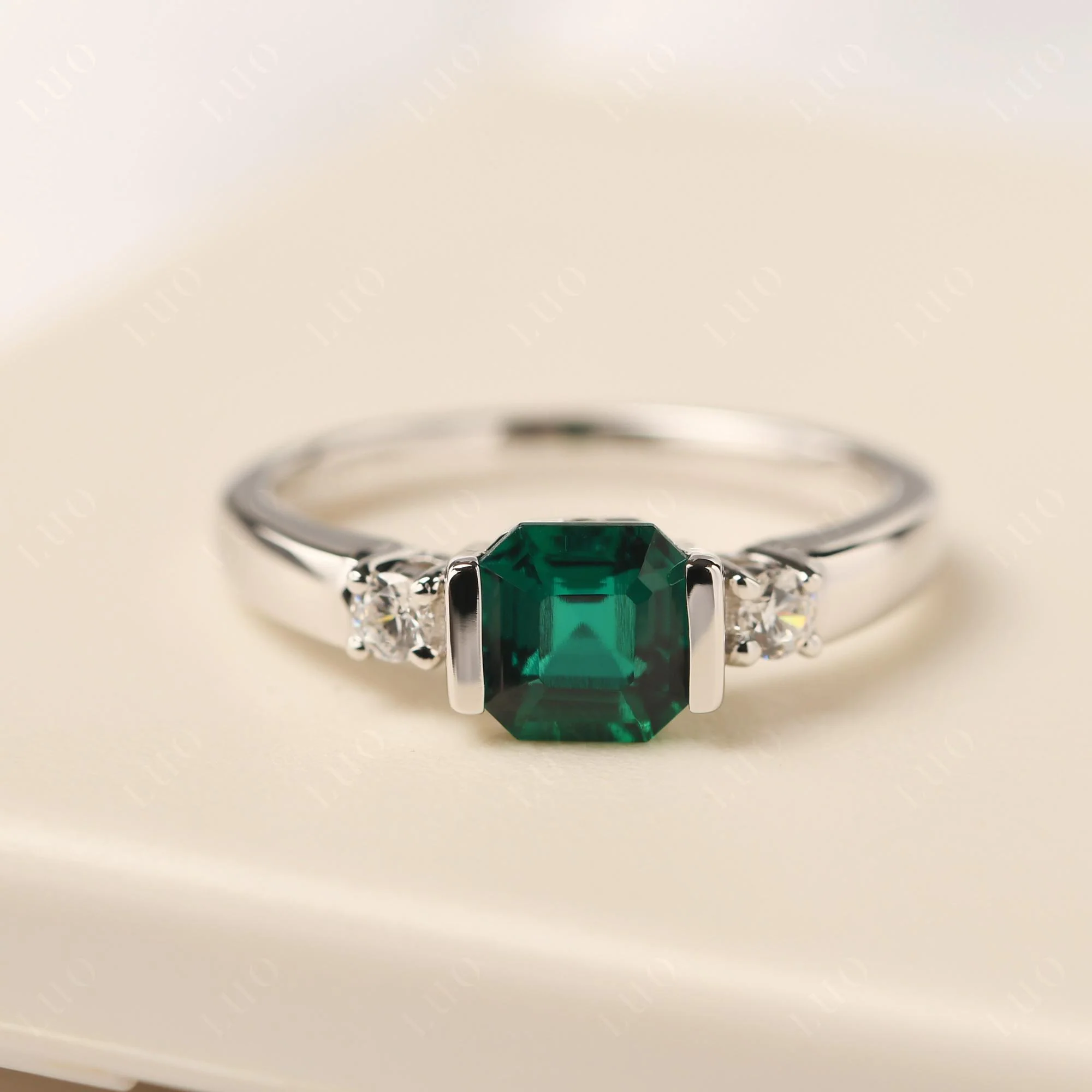 Emerald Half Bezel Set Asscher Cut Ring - Image 10