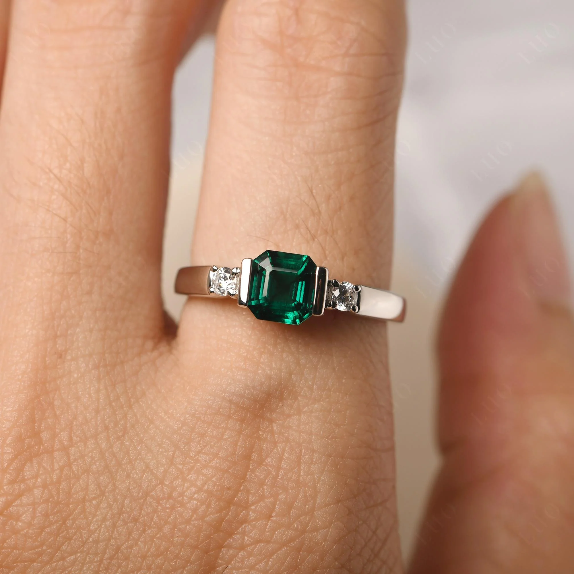 Emerald Half Bezel Set Asscher Cut Ring - Image 14