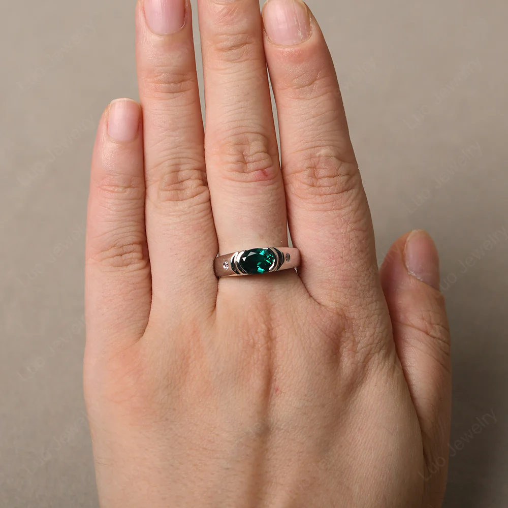Oval Emerald Horizontal Unisex Ring - Image 5