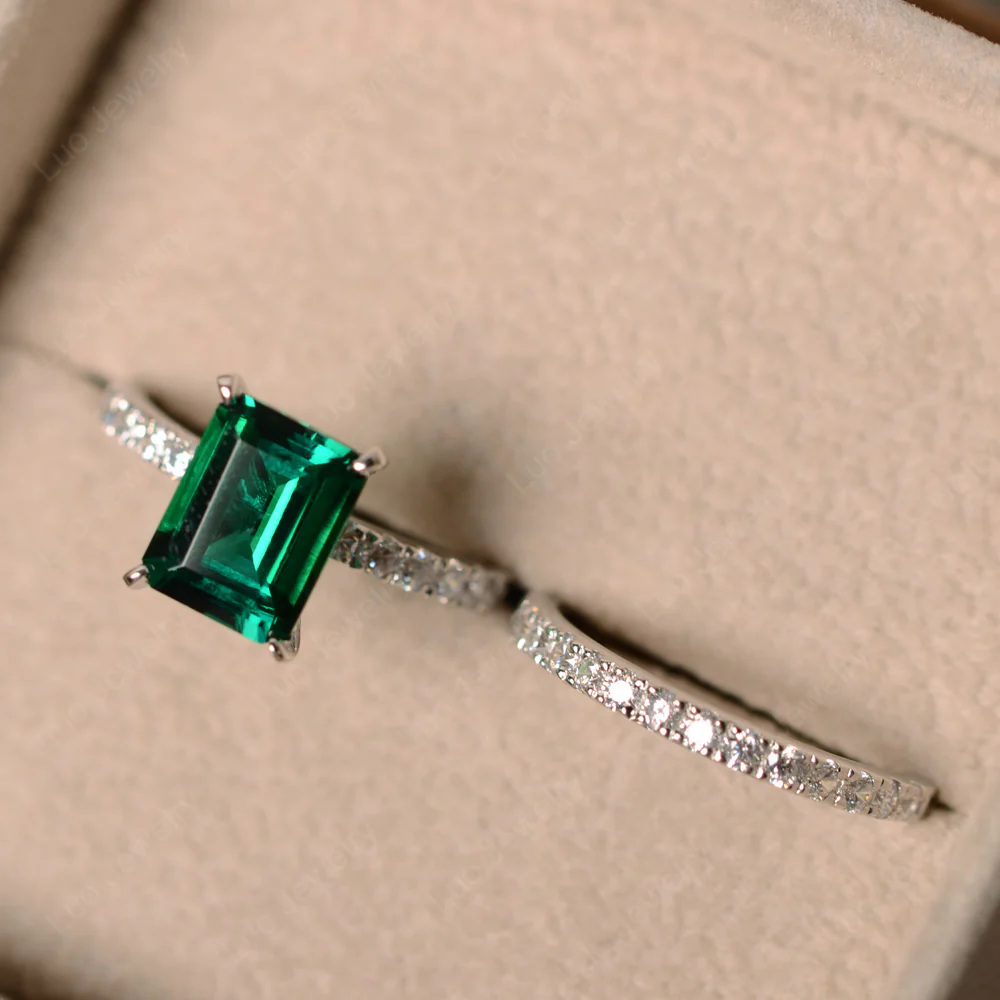 Emerald Cut Emerald Wedding Ring Sets - Image 3