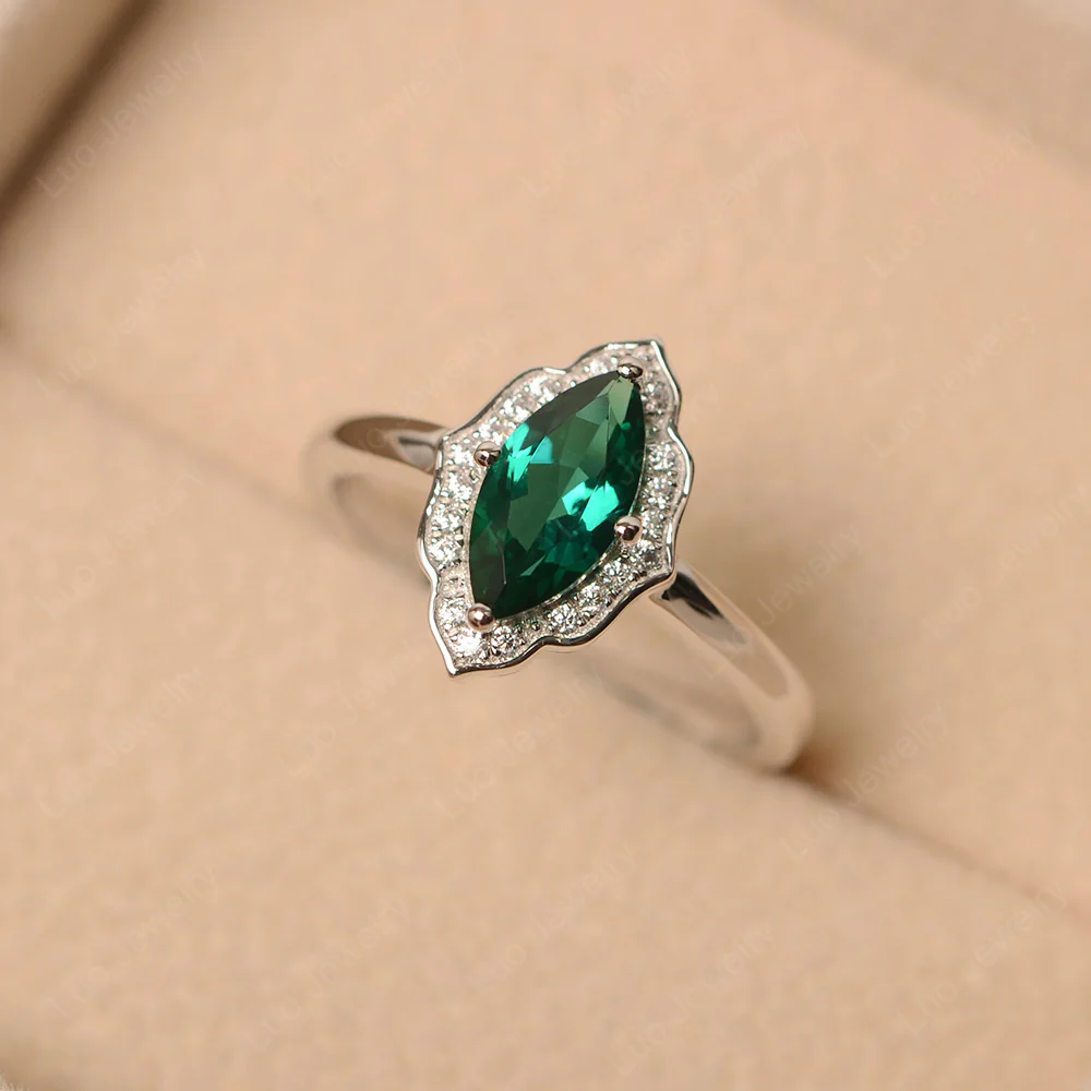 Marquise Cut Emerald Halo Engagement Ring - Image 3