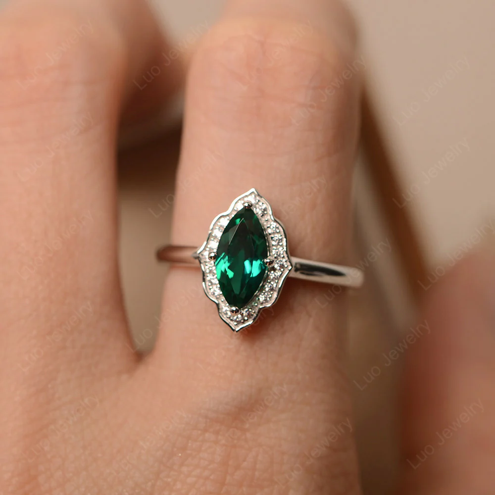 Marquise Cut Emerald Halo Engagement Ring - Image 6