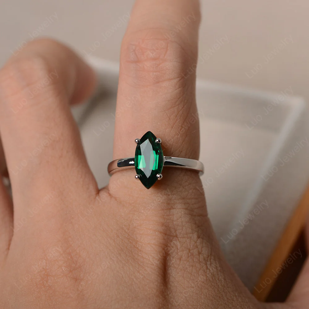Marquise Cut Emerald Solitaire Ring - Image 4