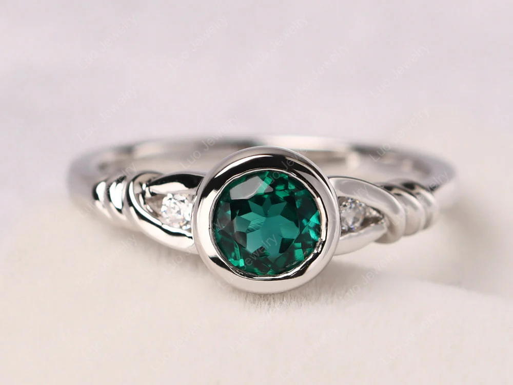 Emerald Ring Round Bezel Engagement Ring