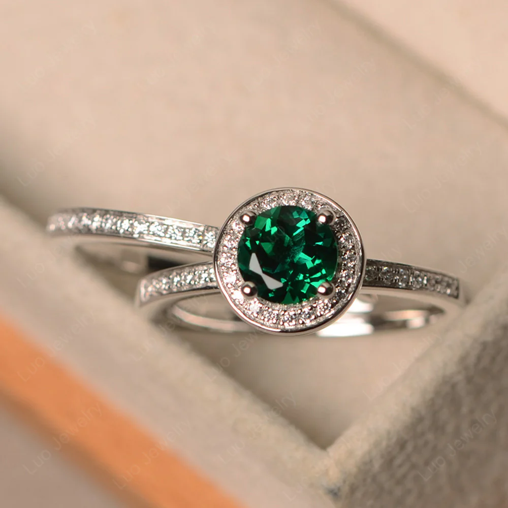 Round Cut Emerald Halo Bridal Set Ring